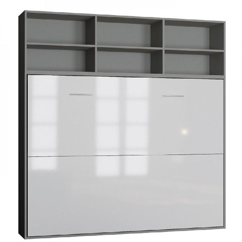 Lit escamotable STRADA-V2 - Structure gris mat, façade blanc brillant avec surmeuble - Couchage 140x200 cm_0