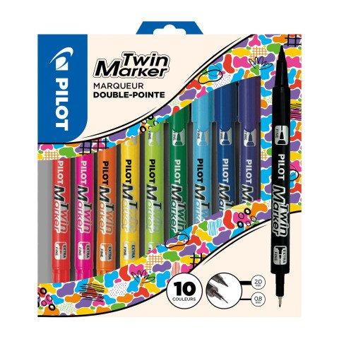 MARQUEUR PERMANENT PILOT TWIN DOUBLE POINTE - POCHETTE DE 10 COULEURS ASSORTIES