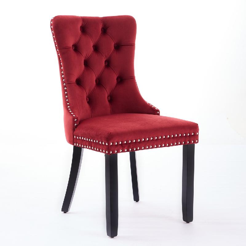 Merax Ensemble de 2 chaises rembourrées , chaise de salle à manger en velours, velours rouge + pieds en bois d'hévéa noir, avec coutures boutonné_0