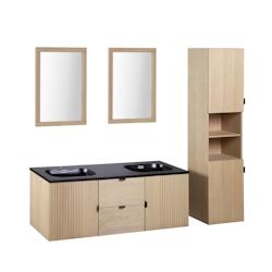 MOB-IN Meuble double vasque 140cm chêne STUDIO suspendu + miroir carré + colonne - beige 3760232703243_0