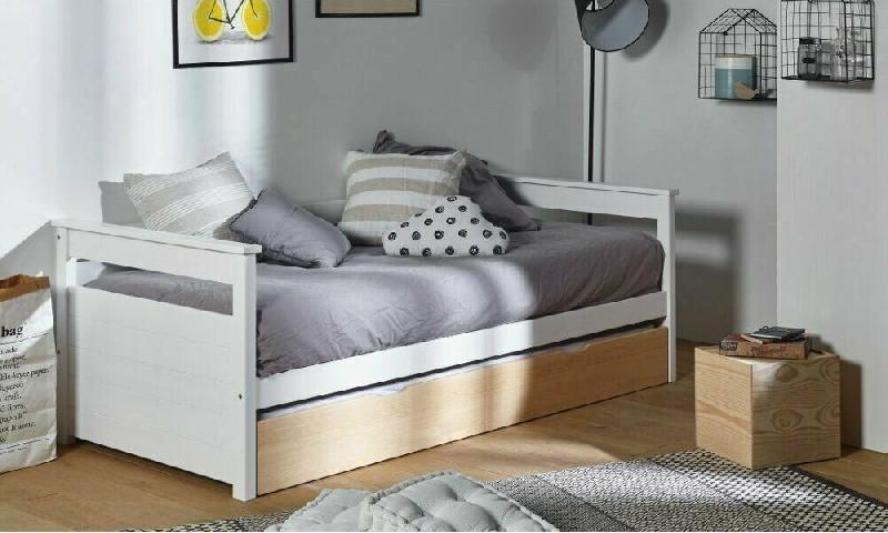 PACK LIT BANQUETTE GIGOGNE NUAGE + 2 MATELAS  BLANC ET BOIS 90X200 CM/OPT:MATELAS FEEVAH HR