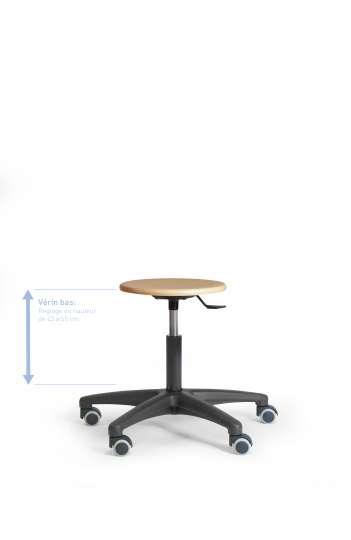 Tabouret de bureau - assise bois - mécanisme fixe - roulettes sols durs - réf : TABBOISFIXVBRS_0