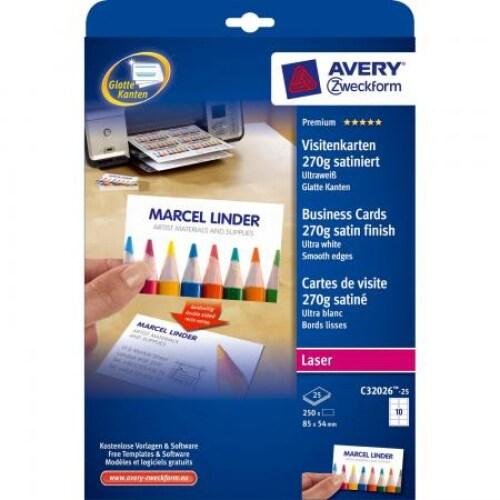 AVERY 250 cartes de visite Quick&Clean r/v° bords lisses Satin blanches 270 g/m² 85 x 54 mm, Laser couleur (25 feuilles A4 / cdt) - 4004182029688_0