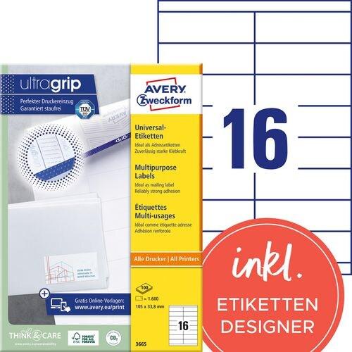 Avery Zweckform 1600 étiquettes multi-usages blanches, format 105 x 33,8 mm (100 feuilles A4 / cdt - blanc 3665_0