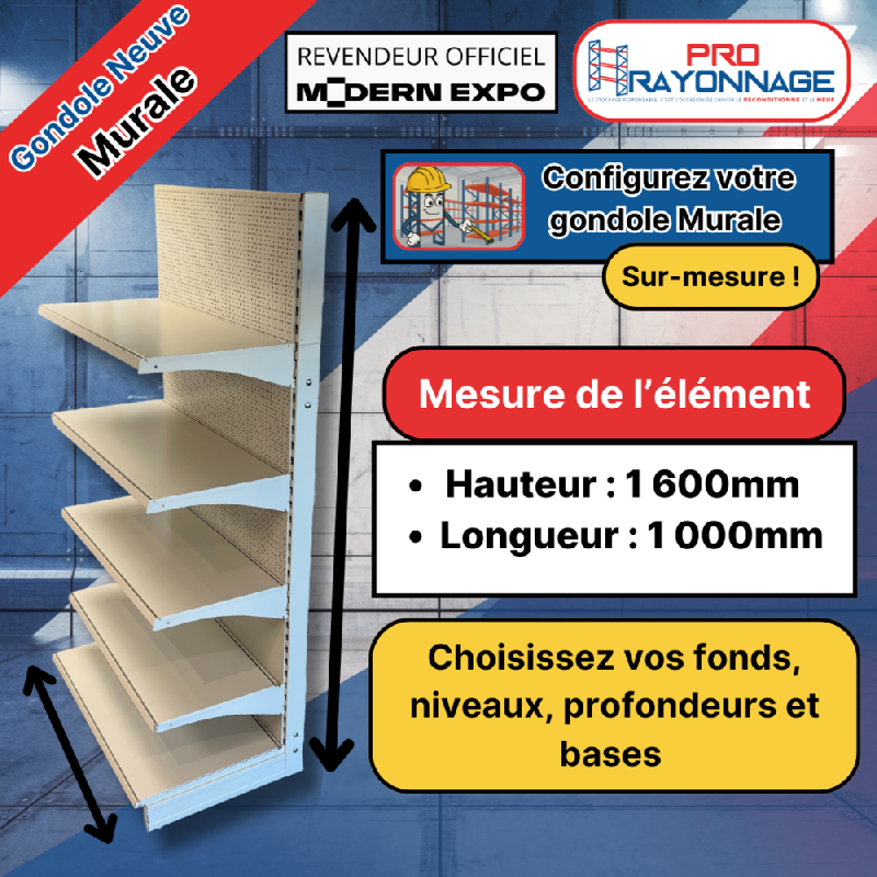 Gondole Murale de magasin à configurer - Hauteur 1600mm, Longueur 1 000mm [NEUVE]_0