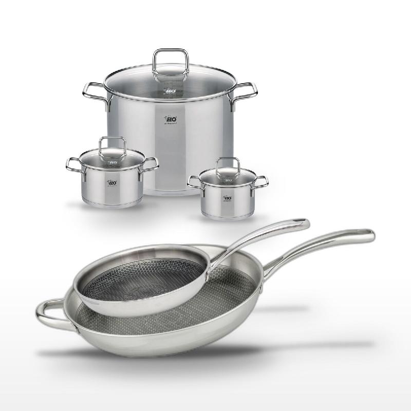 Lot de 2 Poêles 28/32cm et 3 Faitouts 14/16/26cm Elo Relief Evolution - gris inox 3176239955859_0