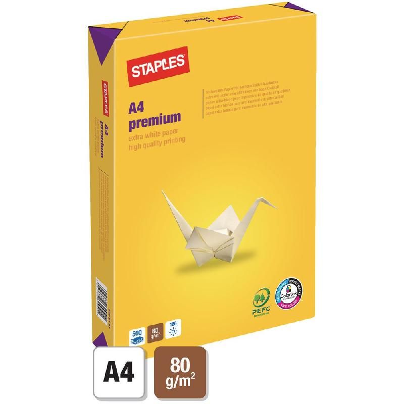 STAPLES PAPIER PREMIUM - RAMETTE DE 500 FEUILLES - FORMAT A4 (80 G/M²) - COULEUR BLANC (PRIX UNITAIRE)