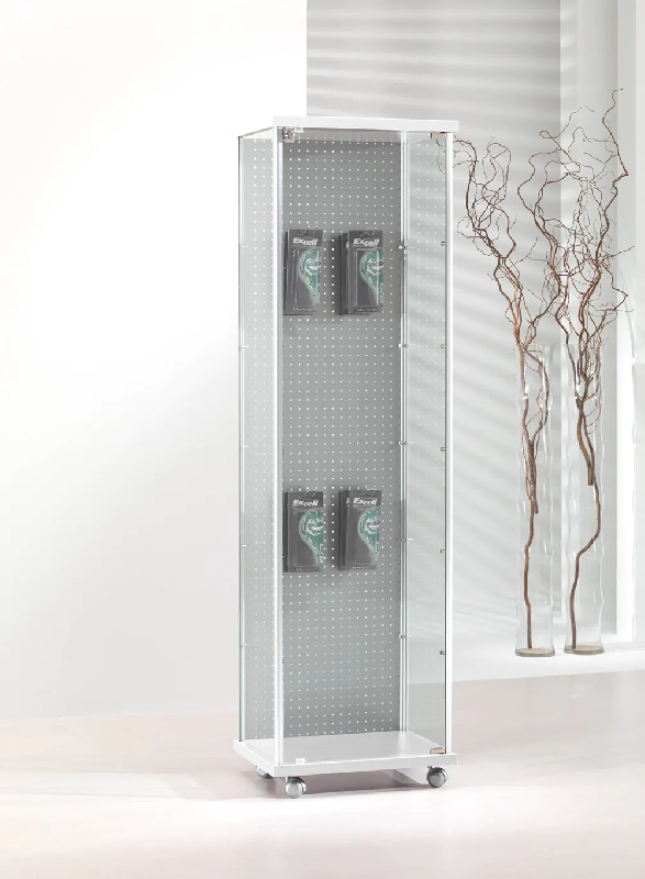 Vitrine étroite perforée 53-BLVA - blanc poli - verre trempé avec serrure et roulettes_0
