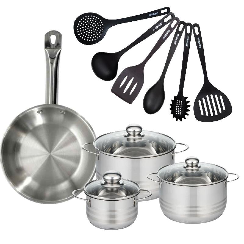 Batterie de cuisine avec 1 poêle 28 cm et 3 faitouts 16/20/24 cm avec 6 ustensiles de cuisine sans PFAS Fackelmann Etherna Brillant Fenix - gris inox_0