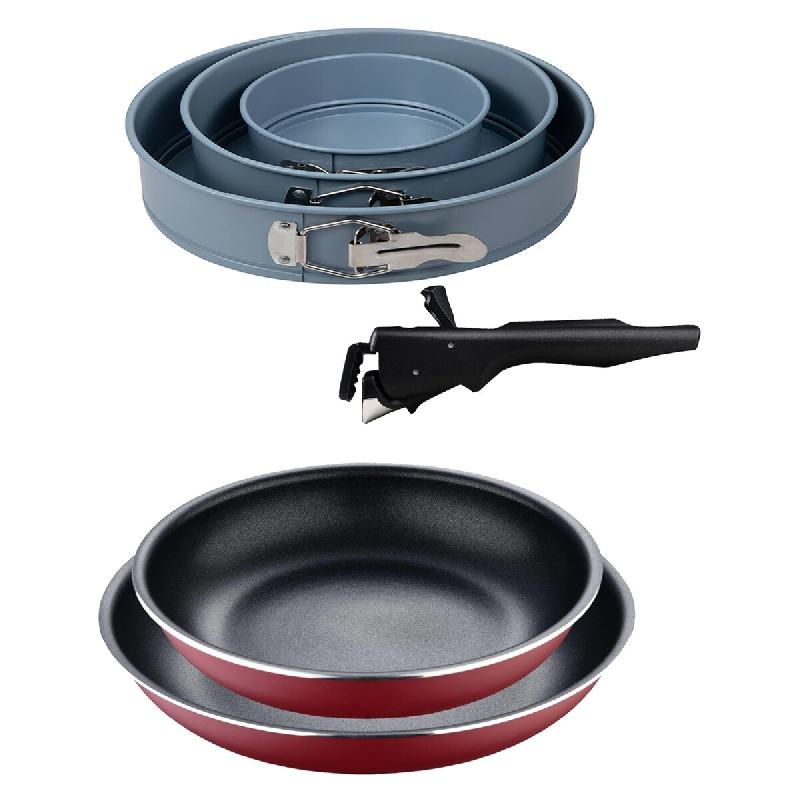 BERGNER - Ensemble de 2 poêles Ø22/26 cm en aluminium embouti rouge avec poignée amovible et ensemble de 3 moules ronds pour four Ø12/Ø18/Ø22 cm_0