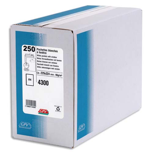 BOÎTE DE 250 POCHETTES AUTO-ADHÉSIVES VELIN BLANC 90G FORMAT 229X324 C4 FENÊTRE 50X110