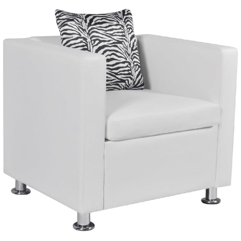 Fauteuil lounge design cubique en cuir synthétique blanc - Style moderne compact avec coussin inclus_0