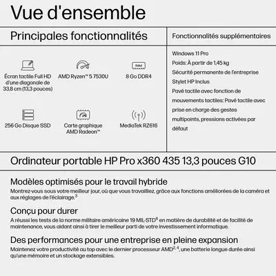 HP Pro x360 435 G10 AMD Ryzen¢ 5 7530U Hybride (2-en-1) 33,8 cm (13.3