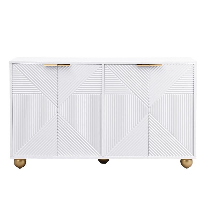 Merax buffet blanc avec 4 portes, façade structure 3D, meuble de rangement avec poignées dorées et pieds en métal - multi-matériau N621P388075W_0