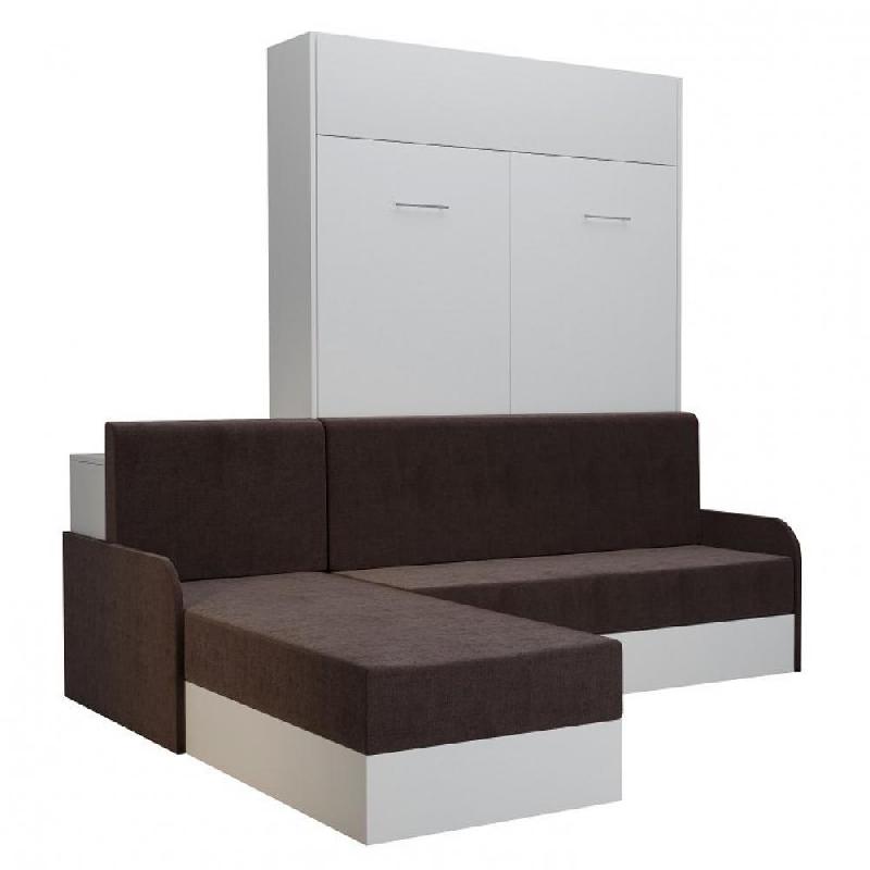 LIT ESCAMOTABLE DYNAMO SOFA CANAPÉ ANGLE MÉRIDIENNE RÉVERSIBLE BLANC ACCOUDOIRS TISSU MARRON 140*200 CM_0