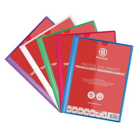 LOT DE 5 - PROTÈGE-DOCUMENTS BRUNEAU POLYPROPYLÈNE TRANSLUCIDE PERSONNALISABLE A4 20 POCHETTES - 40 VUES COLORIS ASSORTIS