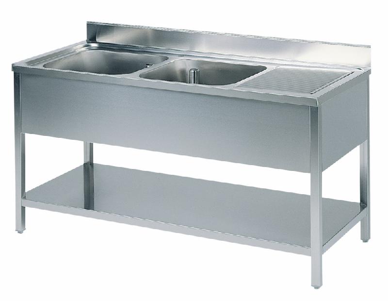 Plonge inox, 2 bacs, égouttoir à droite, sur piètement, avec étagère inférieure, 1400x600 mm - SLG2GD1446_0