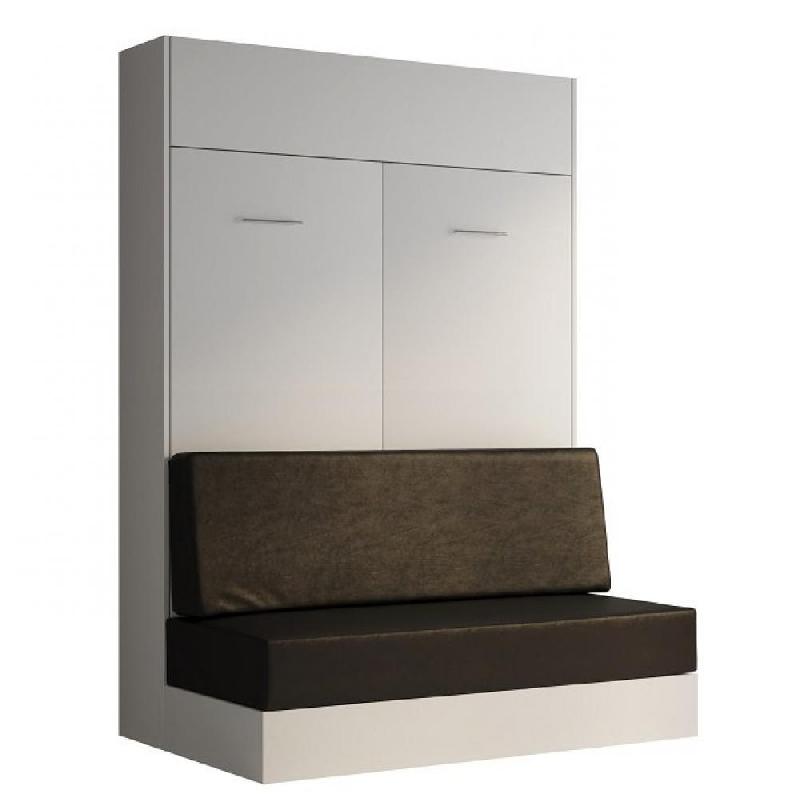 Armoire lit escamotable Dynamo Sofa - Blanc mat avec canapé en polyuréthane noir - Couchage 140x200 cm_0
