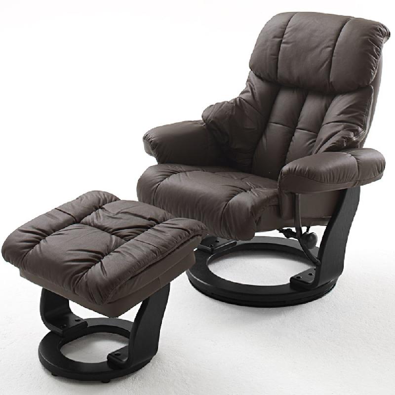 FAUTEUIL RELAX CLAIRAC ASSISE EN CUIR MARRON PIED EN BOIS NOIR AVEC REPOSE PIED_0