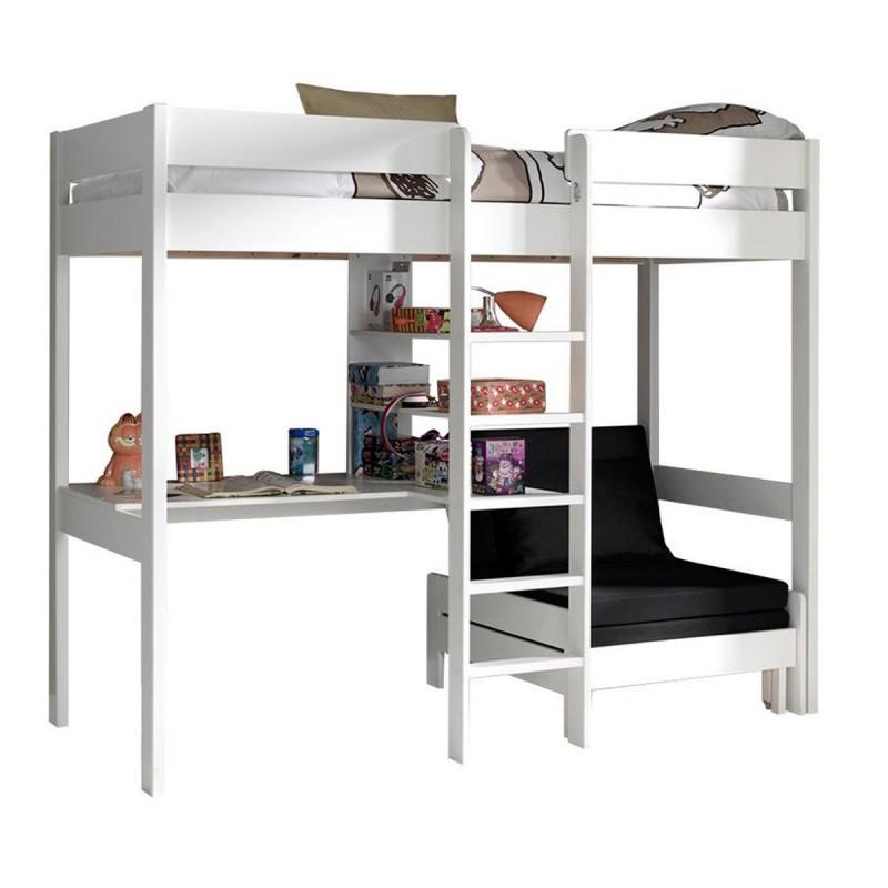 Lit mezzanine avec fauteuil PINO 90x200 cm blanc - Paris Prix - Pin massif laqué, sommier inclus_0
