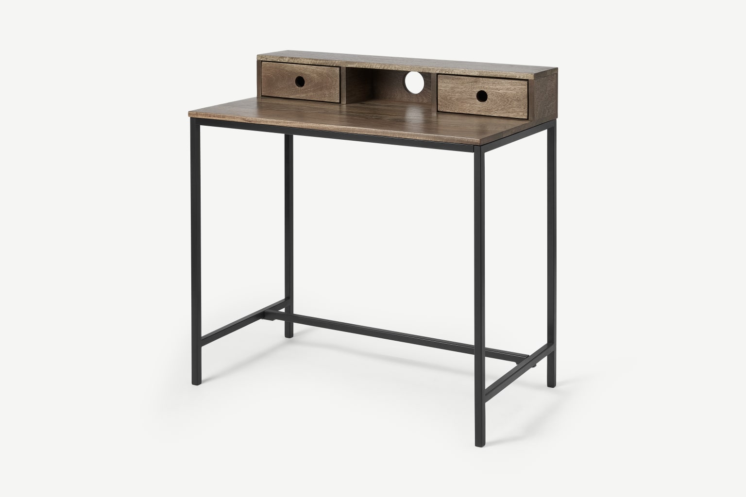 Lomond - Bureau d'angle compact en bois de manguier et métal noir avec tiroirs et étagères spacieuses_0