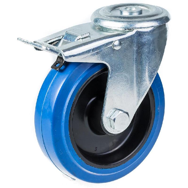 Roulette pivotante/frein de 125 mm avec caoutchouc élastique bleu sur roue centrale en nylon_0