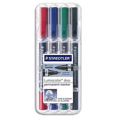 ETUI RIGIDE STAEDTLER DE 4 MARQUEURS LUMOCOLORPERMANENT DUO DOUBLE POINTE - COLORIS ASSORTIS