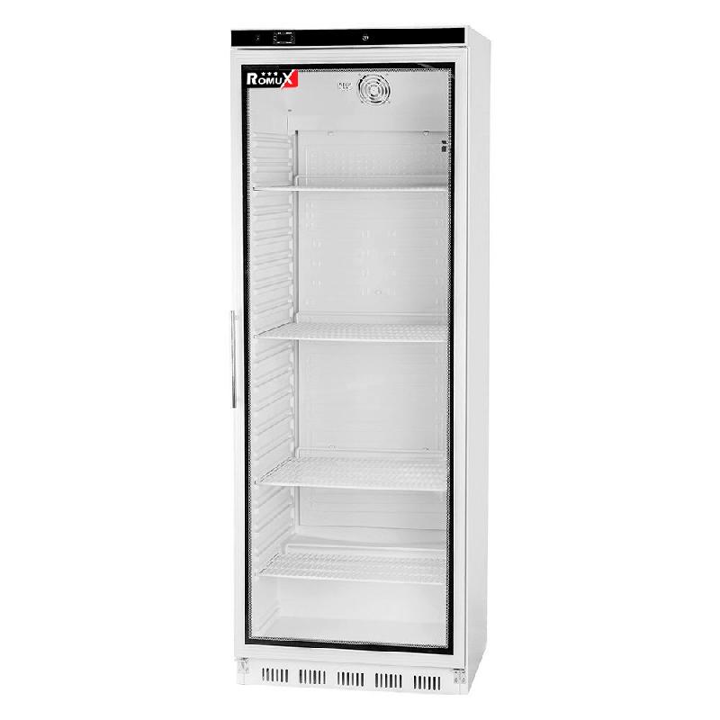 Romux® Armoire Réfrigérée Positive ABS 400 Litres 1 Porte Vitrée 60 cm avec Refroidissement Froid Ventilé Capacité de 400 L - 4 Étagères et 1_0