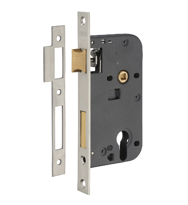 Boitier de serrure encastrable à cylindre pour porte d'entrée, axe 50mm, bouts carrés, têtière laiton inox brossé - THIRARD - doré 3150260009965_0
