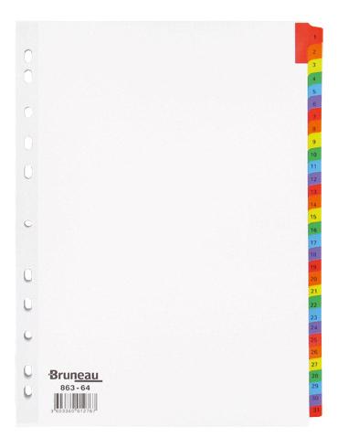 LOT DE 2 - INTERCALAIRE A4 CARTE BRISTOL BLANCHE BRUNEAU 31 ONGLETS NUMÉRIQUES MULTICOLORES - 1 JEU