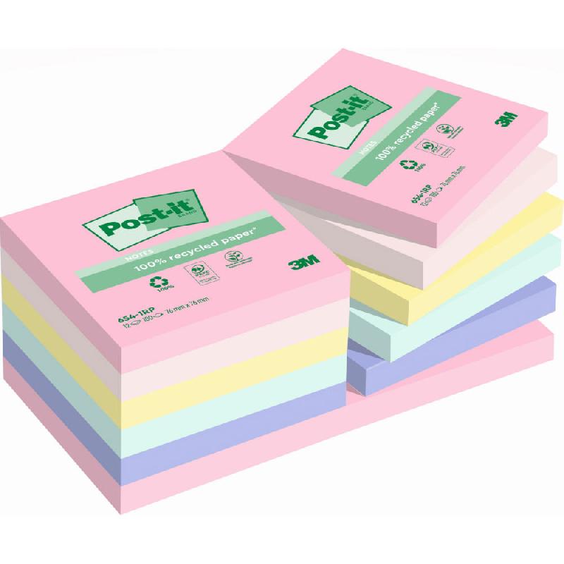 NOTES REPOSITIONNABLES POST-IT NATURE RECYCLES  76 X 76 MM COLORIS ASSORTIES - 12 BLOCS DE 100 FEUILLES