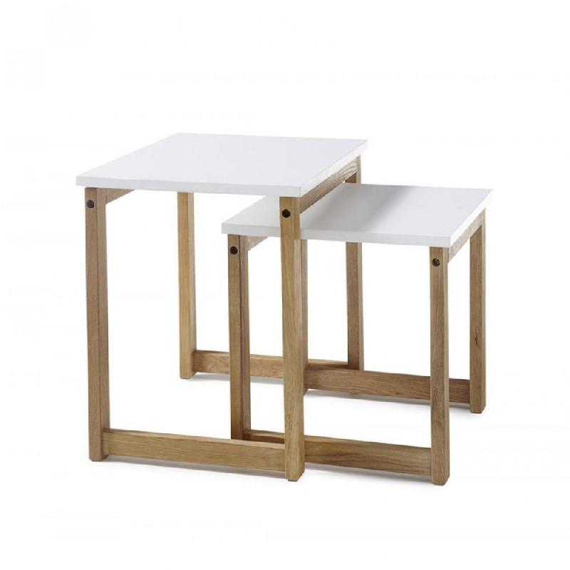 LOT DE 2 TABLES BASSES GIGOGNES REGAT PLATEAUX LAQUÉS BLANCS PIETEMENTS CHÊNE MASSIF_0