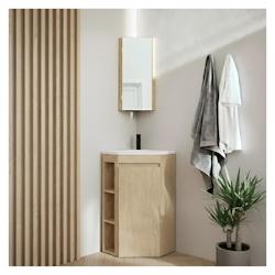 MOB-IN Ensemble meuble sous vasque d'angle sur pieds avec vasque en résine, robinet noir et armoire de toilette - marron 3701606511378_0
