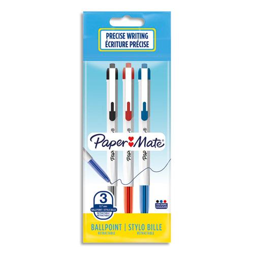 STYLO A BILLES PAPERMATE - RETRACTABLE - POINTE MOYENNE - COLORIS ASSORTIS - SACHET DE 3