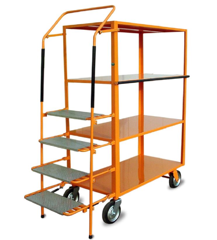 Chariot préparation de commandes - 4 étagères - escabeau pliant intégré - capacité jusqu'à 600 kg_0