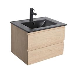 Meuble simple vasque 60cm SORRENTO Décor chêne + vasque noire - noir 3701606501164_0