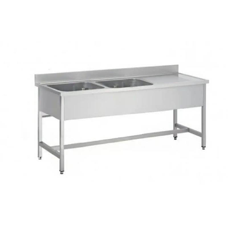 Plonge soudée sur pieds carrés sans étagère, inox ferritique, 2 bacs à gauche, dimension du bac : L 400 x P 400 x H 300 mm (Longueur, mm: 1400 - Réf F_0