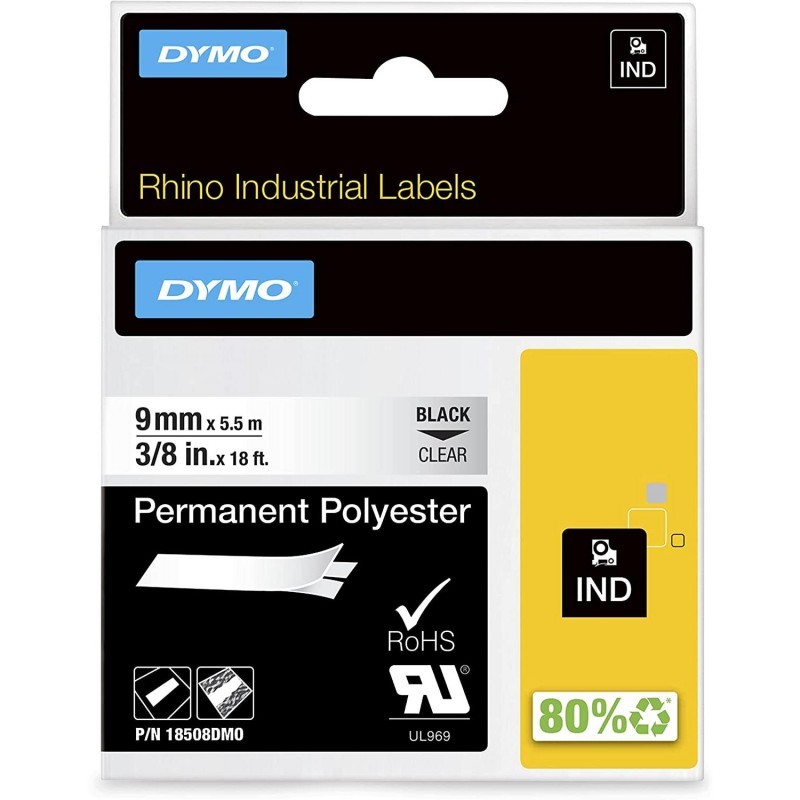 Étiquette industrielle en polyester noir sur transparent - résistant à l'humidité, aux températures extrêmes et rayons UV - S0718160 - Dymo Rhino_0