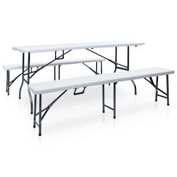 Helloshop26 - Table pliable de jardin avec 2 bancs 180 cm acier et pehd blanc 02_0018691 - 3002463432692_0