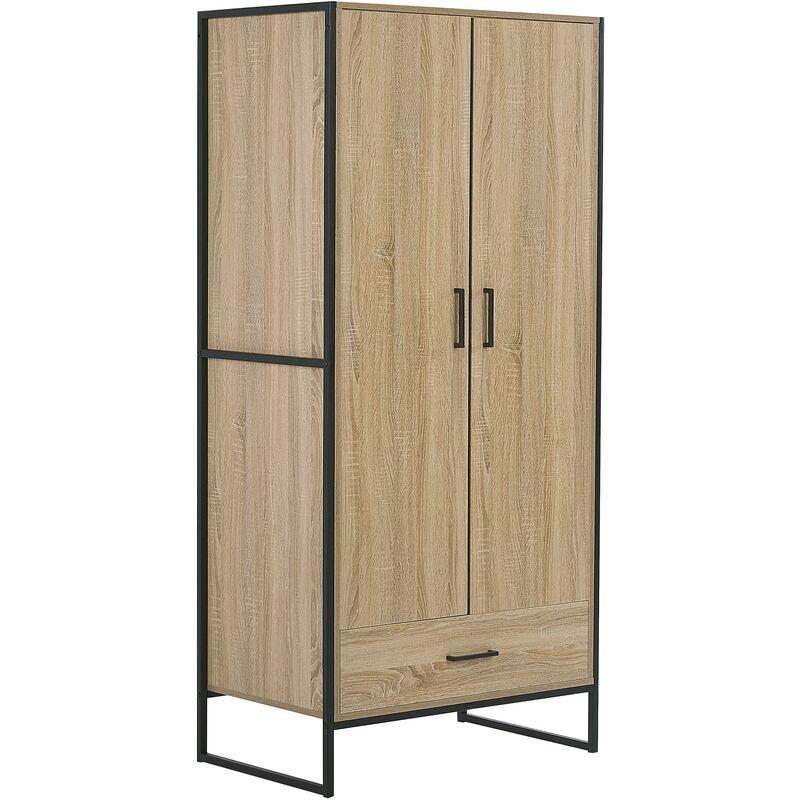 ARMOIRE EN BOIS CLAIR 2 PORTES ET TIROIR PORTEVÊTEMENTS BASE