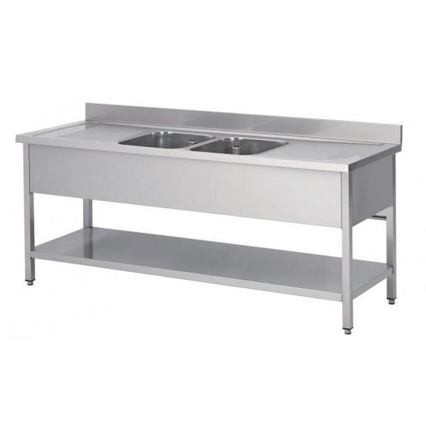 Plonge soudée sur pieds carrés avec étagère, inox AISI 304, 2 bacs au centre, longueur 2400 mm_0