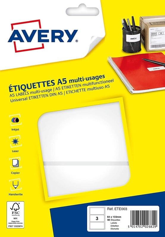 AVERY Lot de 5 48 étiquettes multi-usages blanches, format 64 x 133 mm (16 feuilles / cdt) - 5014702026829_0