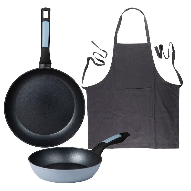 BERGNER - Jeu de 2 poêles Ø20/26 cm en aluminium pressé compatible induction avec tablier de cuisine gris foncé 100% coton 75x80 cm - PK9509_0