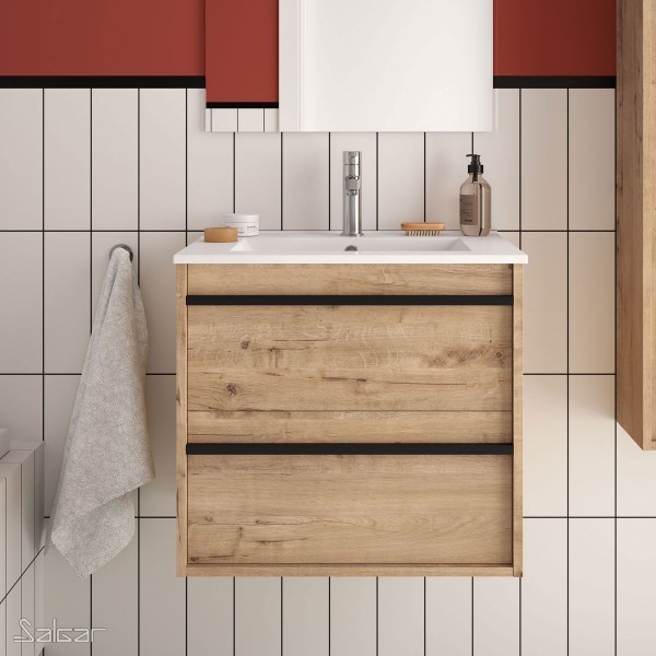 ENSEMBLE MEUBLE DE SALLE DE BAIN 600MM 2 TIROIRS CHÊNE OSTIPPO ET VASQUE PORCELAINE ATTILA - SALGAR 84939