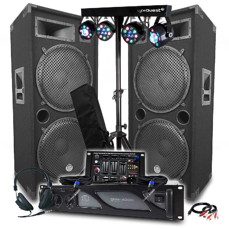 Pack Sono BM SONIC Amplificateur 4000W, Paire d'Enceintes LSC215 2x2000W, Table de Mixage Bluetooth, Portiques 8 Lumières LED - 3666638038067_0