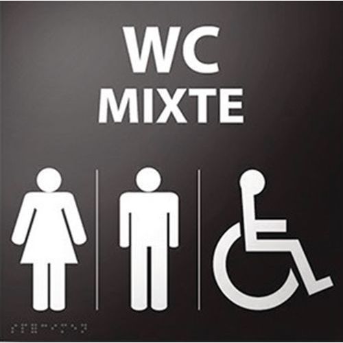 PANNEAU RELIEF ET BRAILLE WC MIXTE+PICTO HANDICAPÉ NOIR