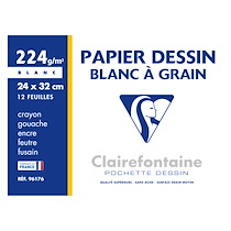 POCHETTE 12 FEUILLES PAPIER DESSIN BLANC A4+ CLAIREFONTAINE À GRAIN 224 G