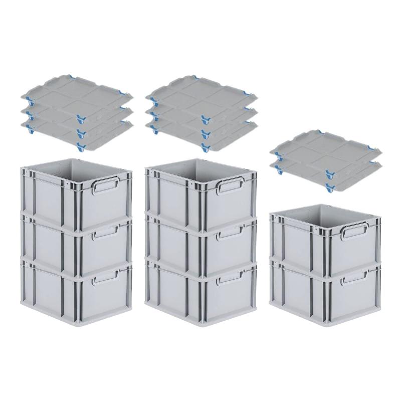 PROREGAL 8x Bac Euro NextGen Economy avec couvercle d'appui et 4 fermetures à glissière bleues poignées fermées 22x30x40cm 20L - noir plastique RM_0