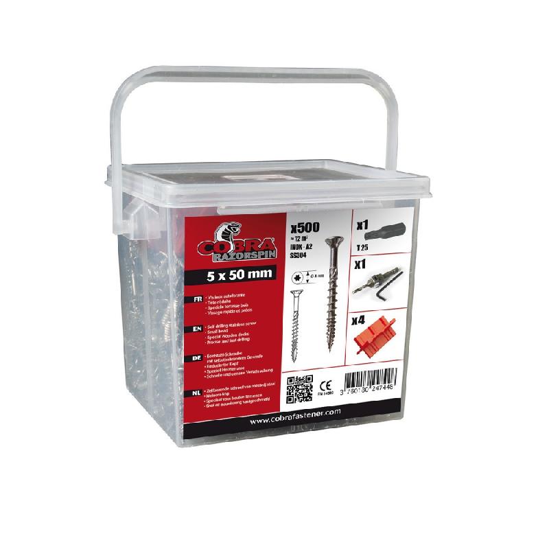 Seau de 500 vis inox A2 5x50mm - 1 foret, 1 embout Torx T25, 4 espaceurs de lame de terrasse_0