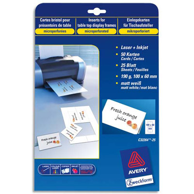 CARTES DE VISITE AVERY C32026 - IMPRESSION LASER - FINITION MATE - 8,5 X 5,4 CM - 270 G - POCHETTE DE 250 CARTES